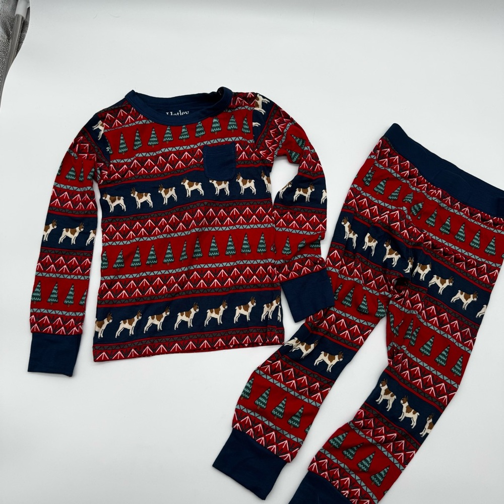 Hatley Bamboo Red/Navy Festive‎ Frenchie Bulldog Dog Kids Pajama Set, 3